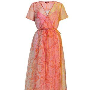 NWT STAUD Filippa Orange Organza Short Sleeve V-Neck Wrap Dress Medium